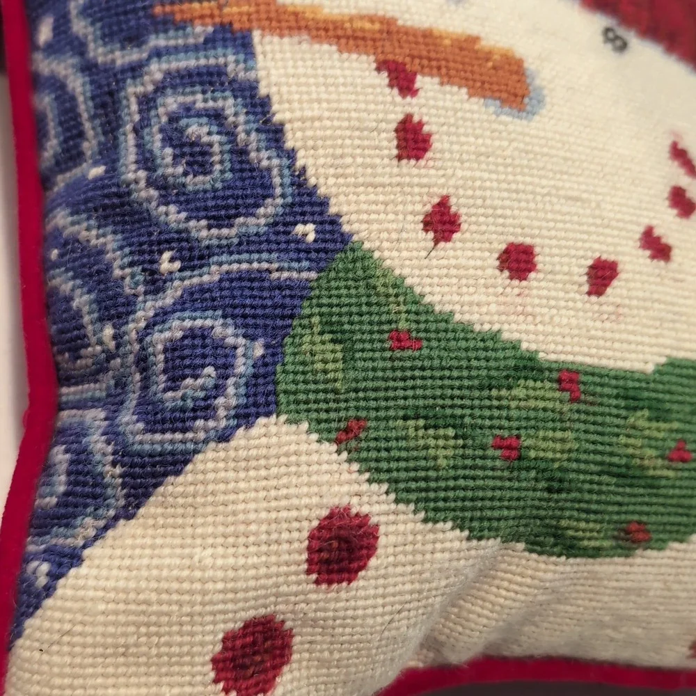 Vintage Needlepoint Snowman Decorative Throw Pillow 8x8 Blue Red Velvet Back